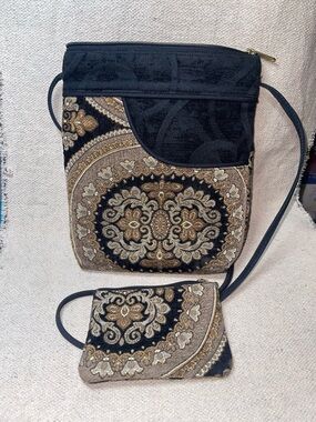 Danny K Beverly Hills Tapestry Black & Gold crossbody bag with small cosmetic
